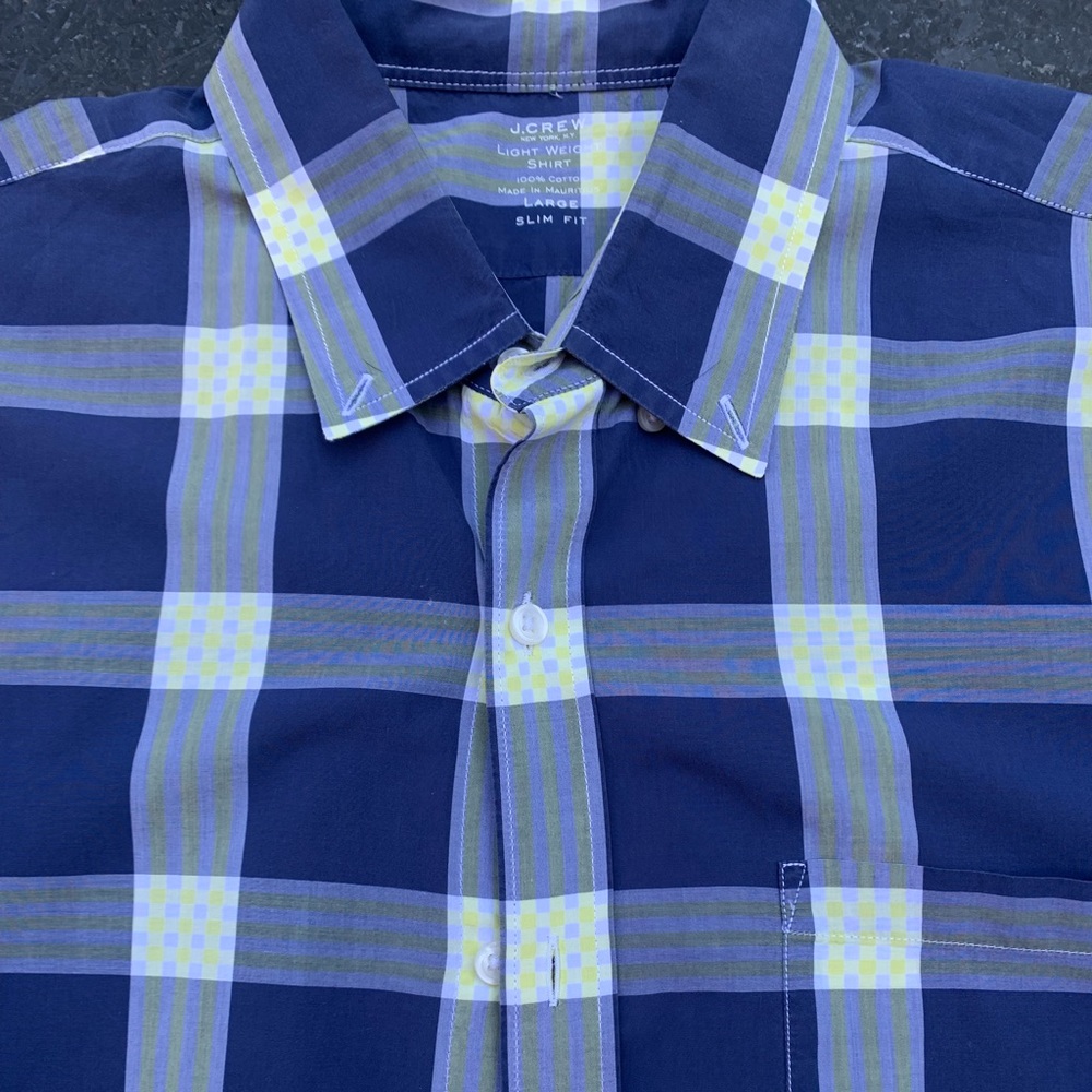J Crew Men’s Lightweight Button-Up Slim Fit Shirt Size L Blue White Yellow